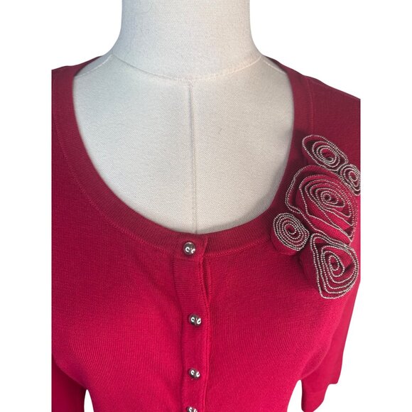 2/$30 White House Black Market Small Red Cardigan Sweater Embellished Shoulder - Picture 6 of 16